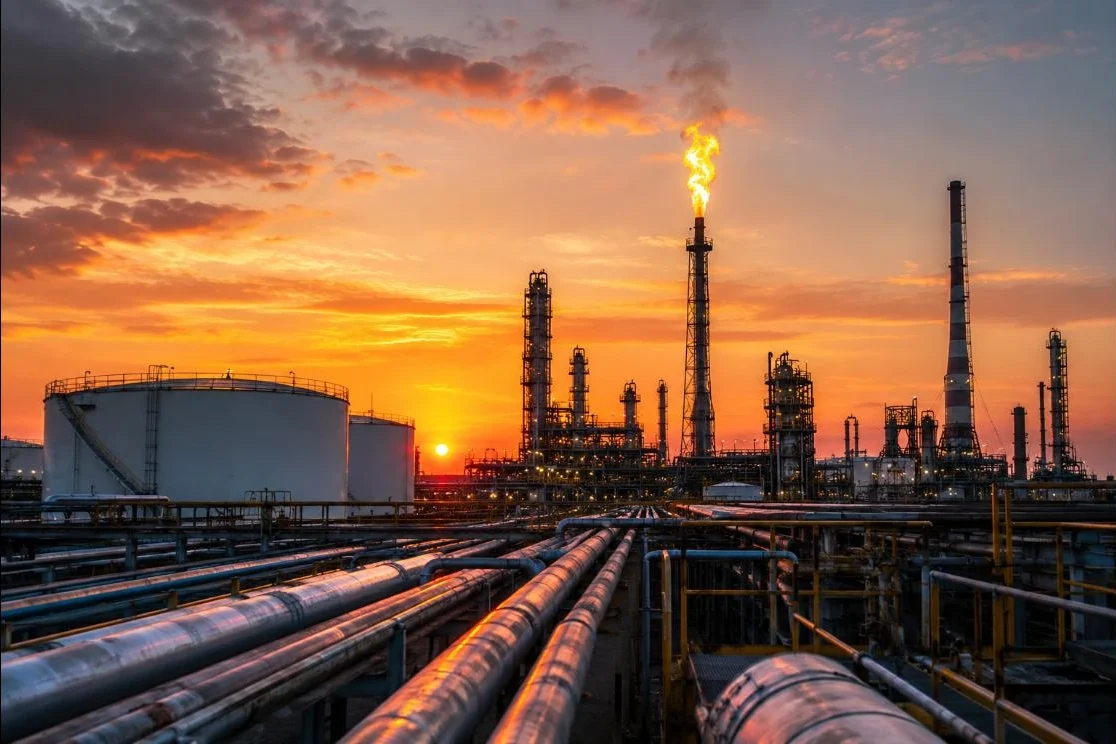 Refinaria de petróleo ao pôr do sol com chamas e oleodutos.